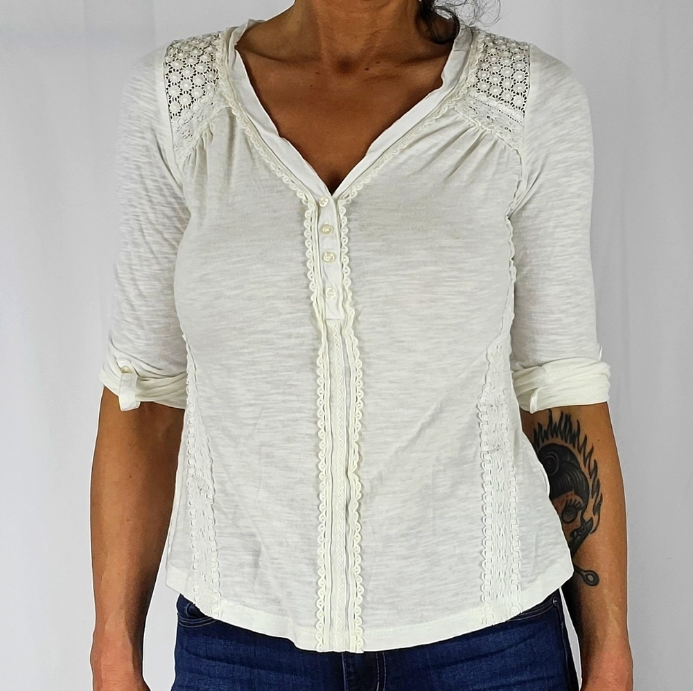 Anthropologie Lace Back Button up Henley Cotton Blouse XSmall White